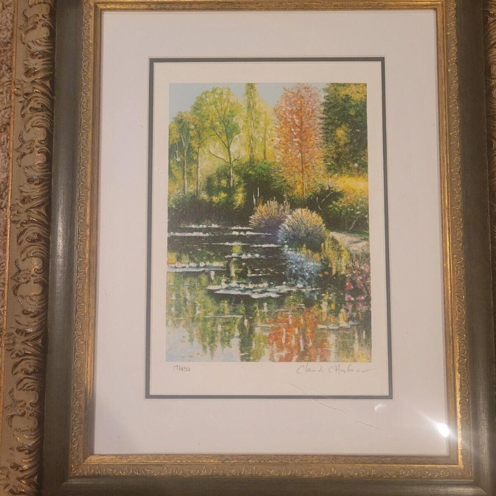 Claude Cambour Impressionist Print Signed Nature River Garden Framed 17/450